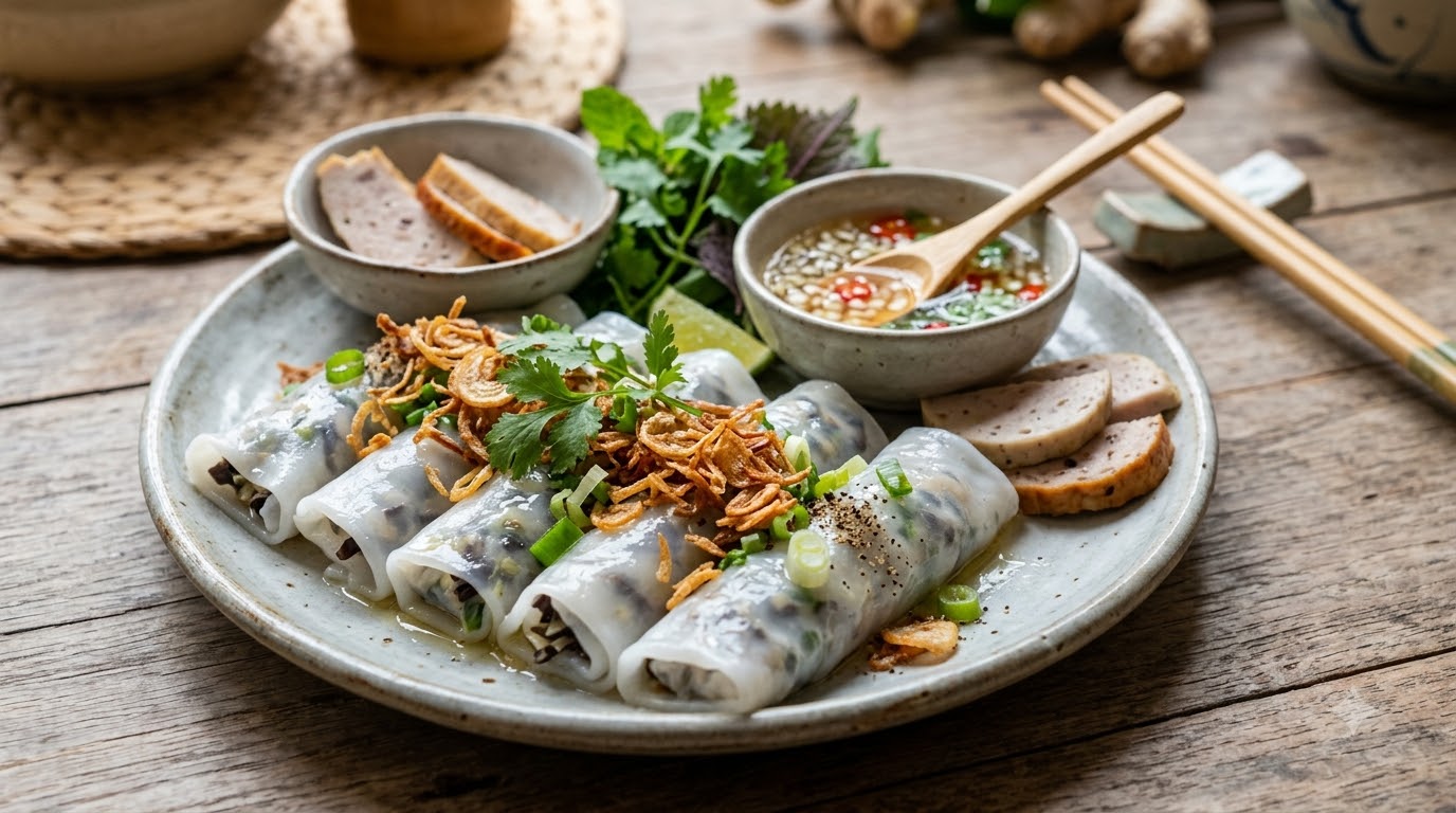 Đĩa bánh cuốn Thanh Trì phủ hành phi bên cạnh bát nước chấm