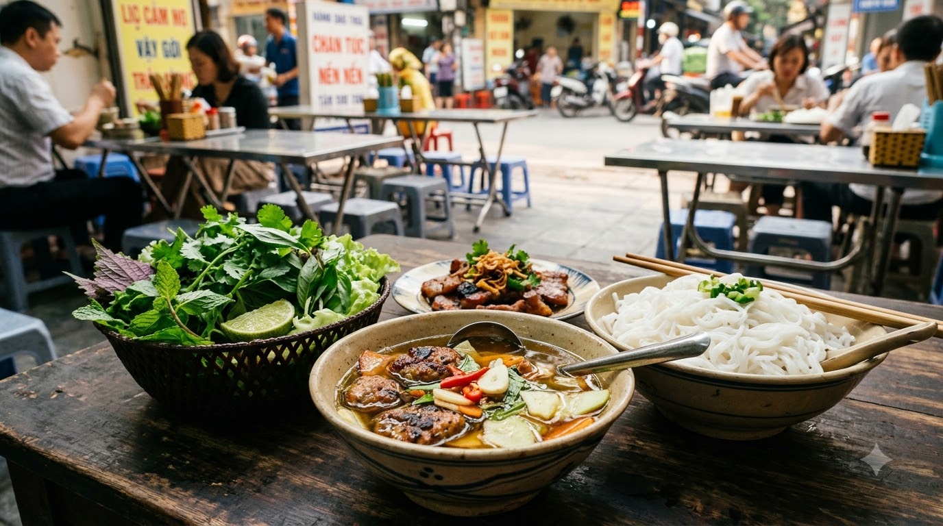 Đu đủ xanh và cà rốt thái lát trong bát đồ chua ăn kèm bún chả