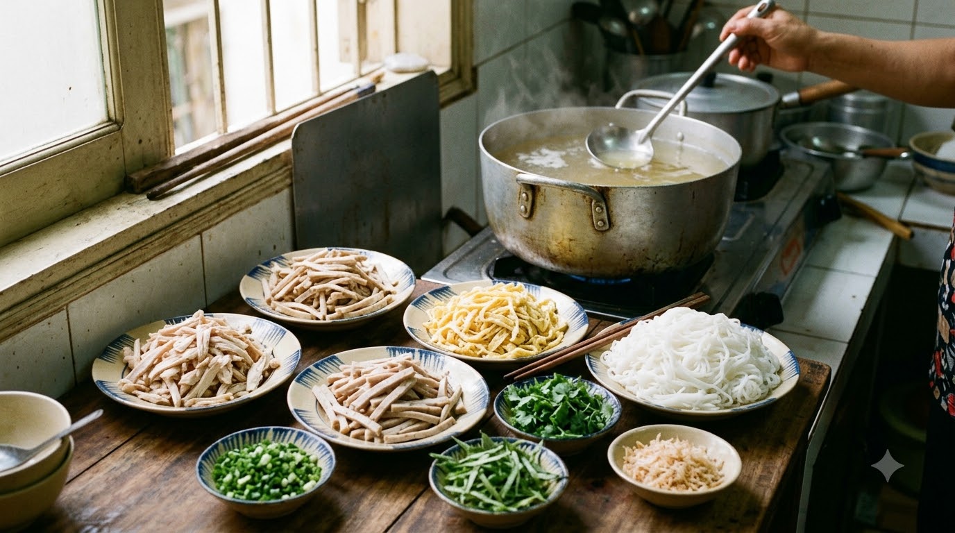 Nồi nước dùng bún thang Hà Nội trong veo đang ninh liu riu