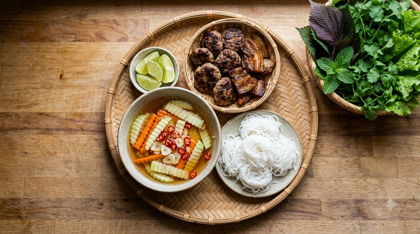 Bát nước chấm bún chả có chả miếng, chả viên, đu đủ, cà rốt, bên cạnh bún tươi và rau sống