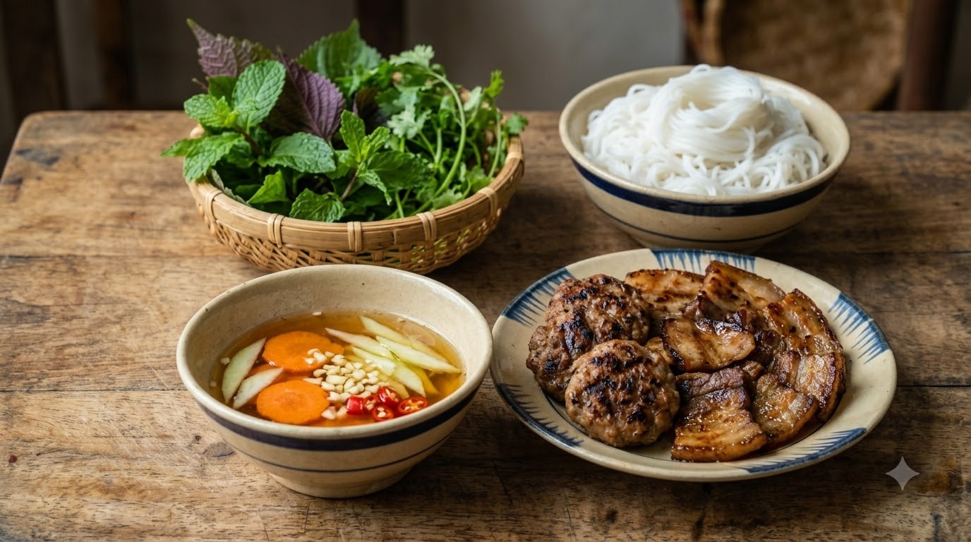 Bún tươi, rau sống và bát nước chấm có thịt nướng, đồ chua được dọn cùng nhau