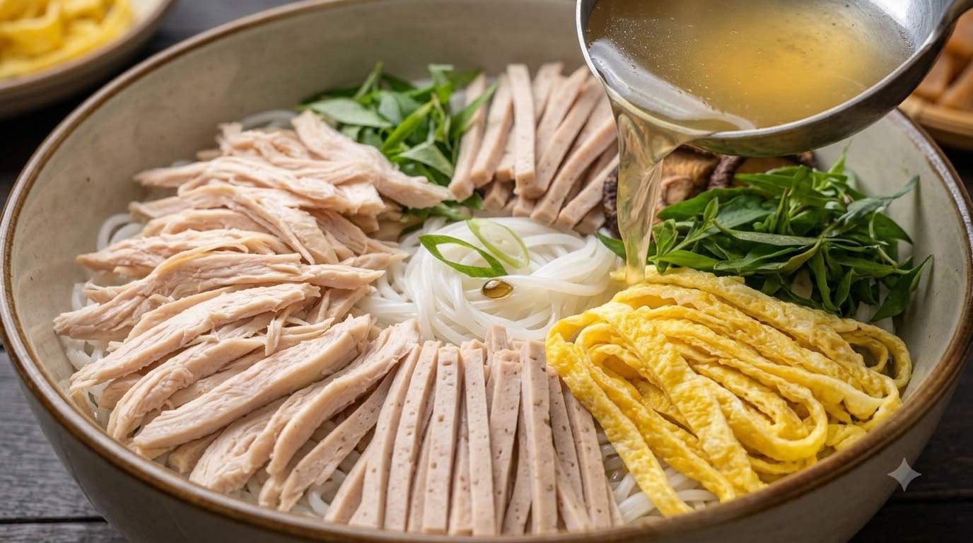 Cách nấu bún thang Hà Nội với đầy đủ nguyên liệu gà, giò lụa, trứng, tôm khô