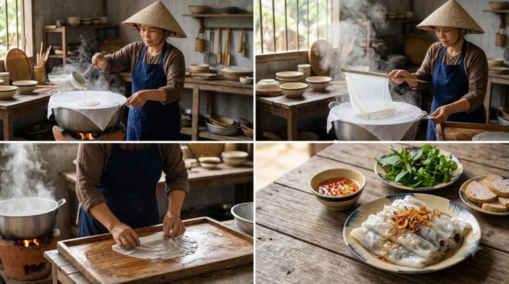 Cận cảnh lá bánh xếp lớp không nhân và miếng bánh cuộn lộ nhân thịt, mộc nhĩ