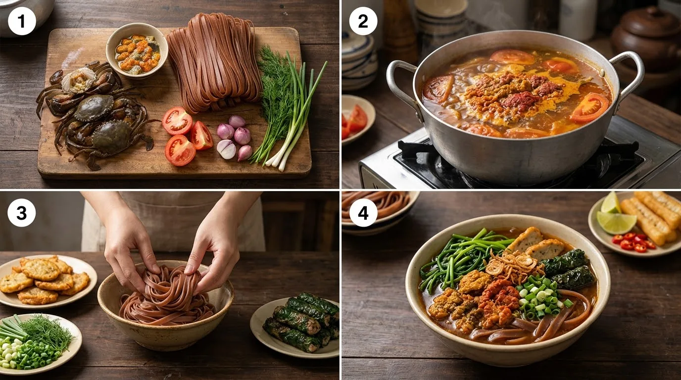 Thao tác lọc nước cốt cua đồng giã nhuyễn và chần sườn non heo