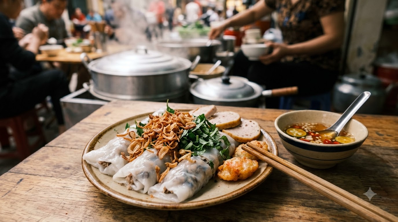 Thao tác lấy lá bánh mỏng khỏi khuôn vải trên nồi hấp bằng que tre